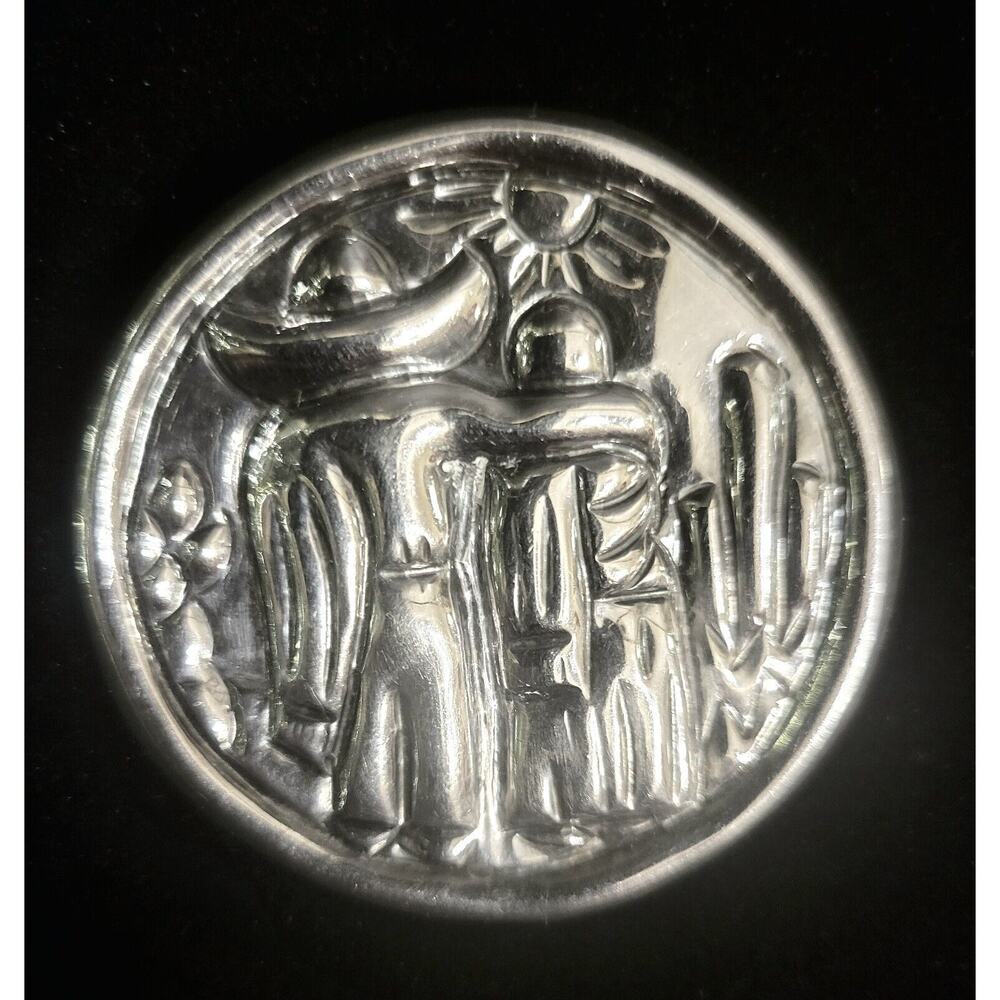 Mexican Silver Pin Brooch Features Traditional Mexican Attire, Cactus And Sun